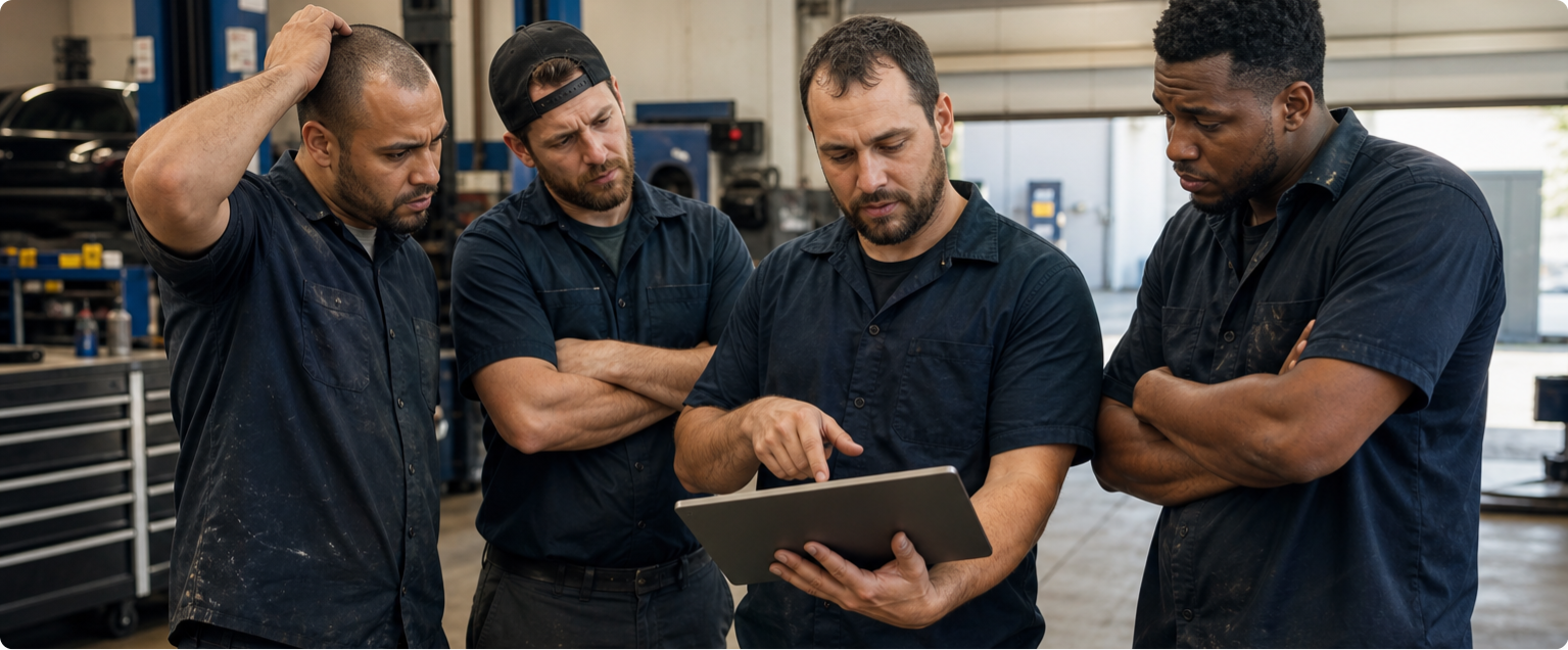 I want an image that conveys that Internal adoption concerns can delay change before it begins within a garage atmosphere where mechanics are sturggling to get their heads around new software