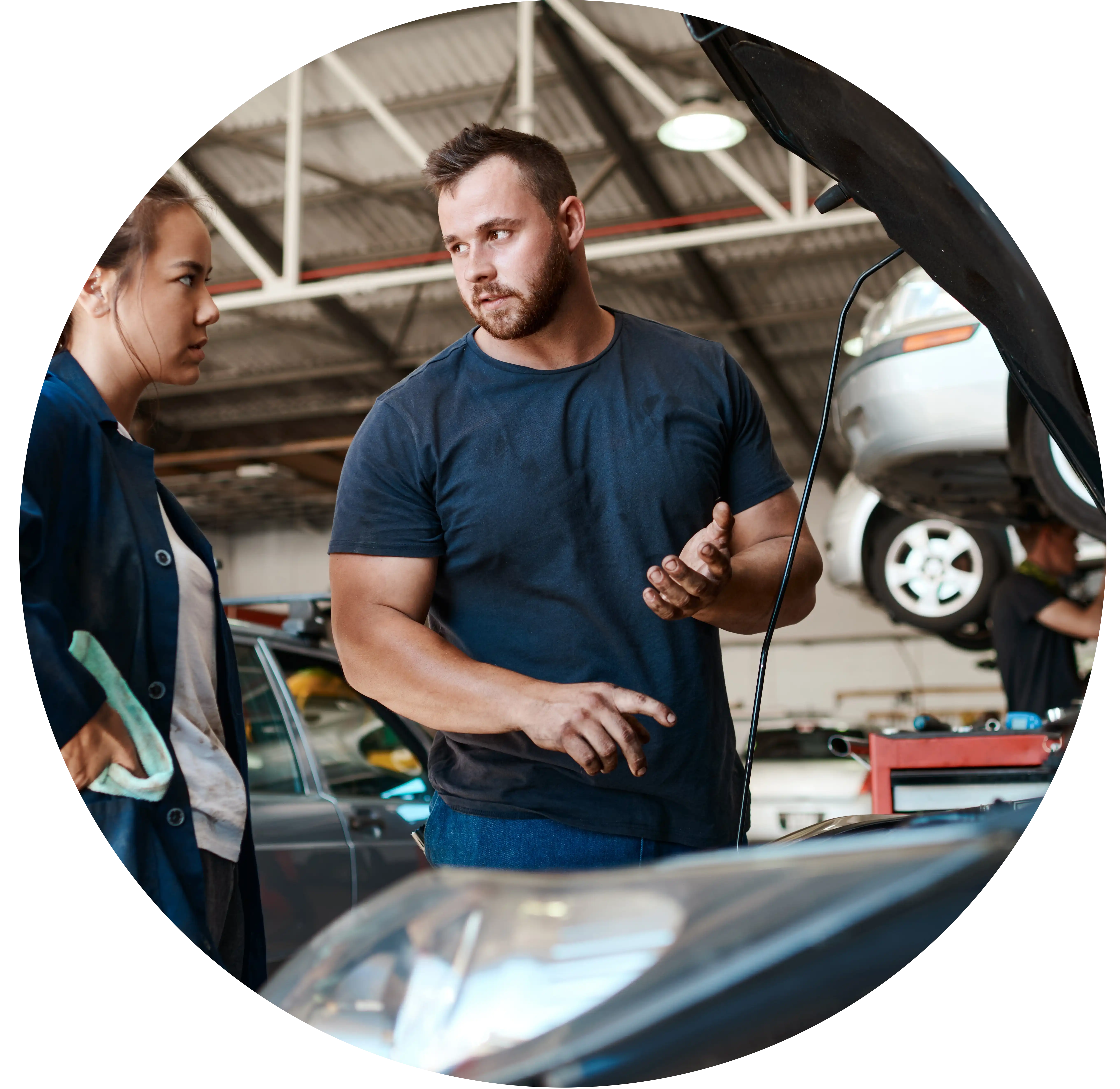mechanics talking in garage